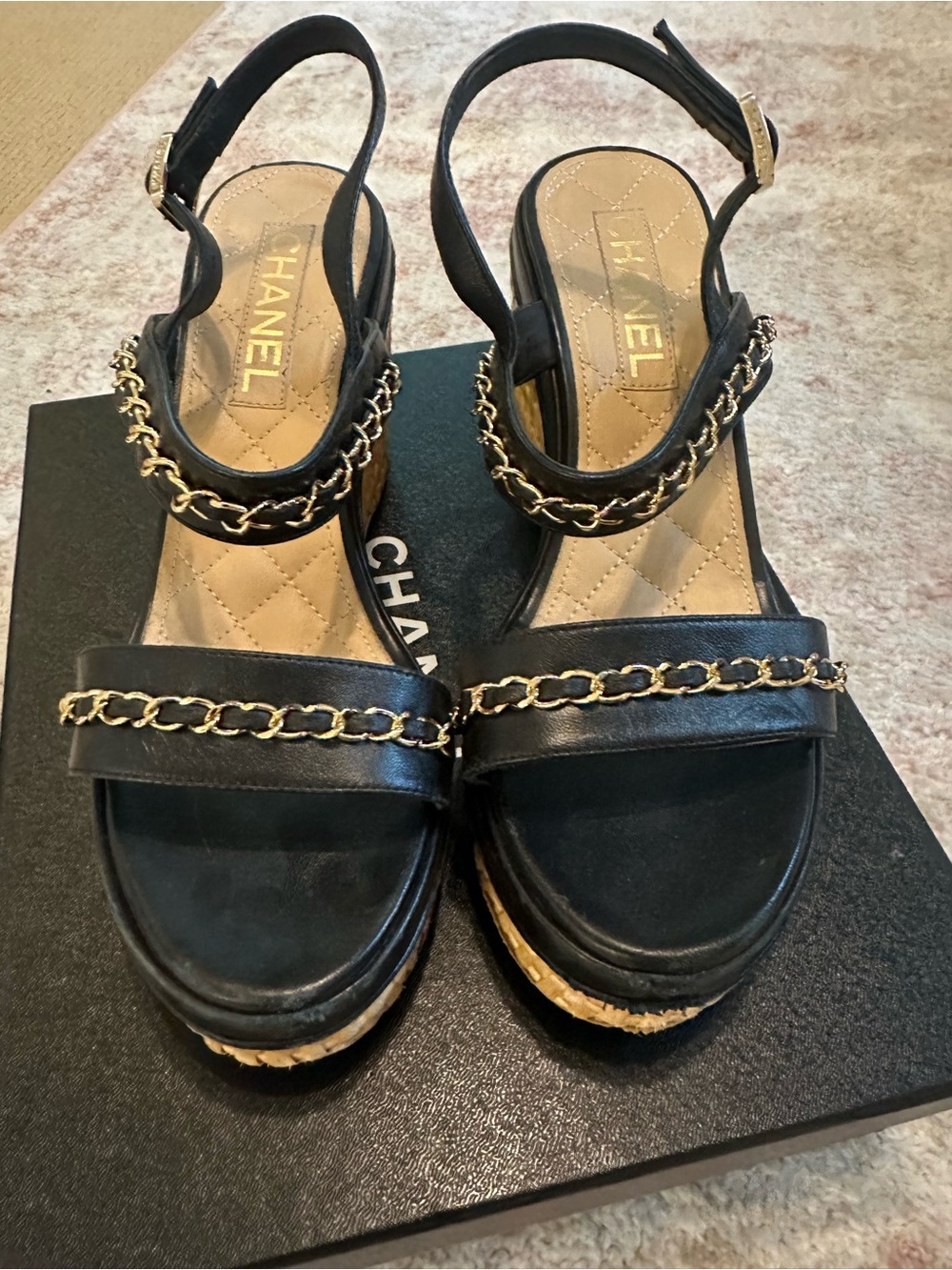 CHANEL Black Leather Wedge Sandals with Gold Chain Trim